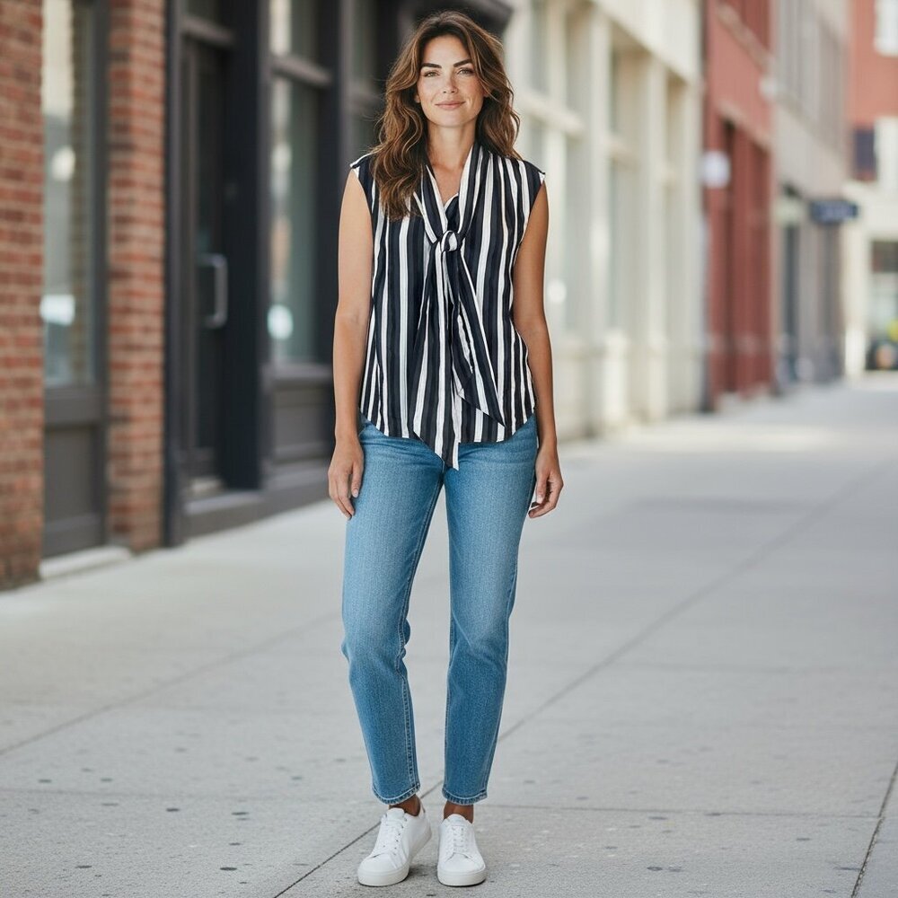H&M Striped Sleeveless Button Up Top with Tie Neck Sz L Black Gray‎ White #183P